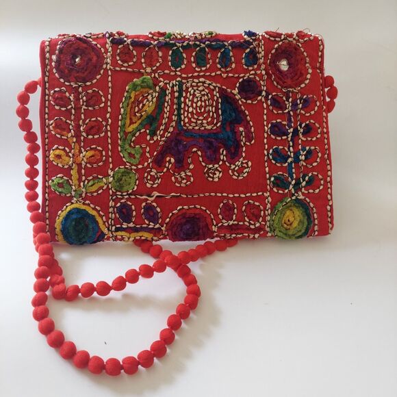Embroidered Crewel Red Purse Envelope Clutch Crossbody Bag Boho Fiesta India - Picture 7 of 11